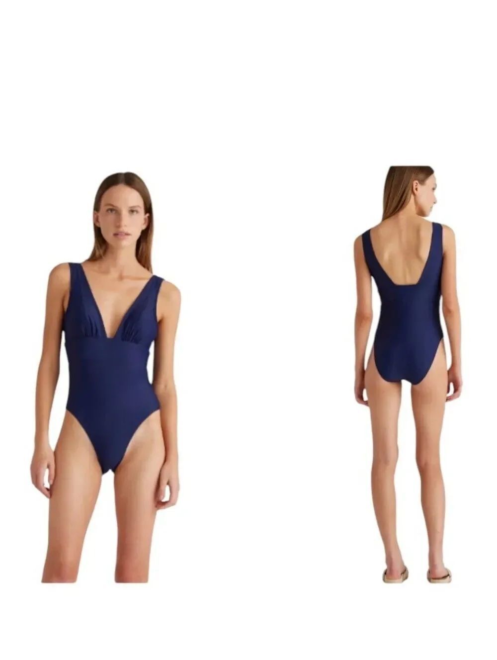 NWT Quince Italian Plunge One-Piece Swimsuit Deep Navy Blue Size S